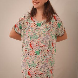 1980s Holly Harp 100% Silk Mini Dress Parisian Ladies in Hats Drop Sleeve